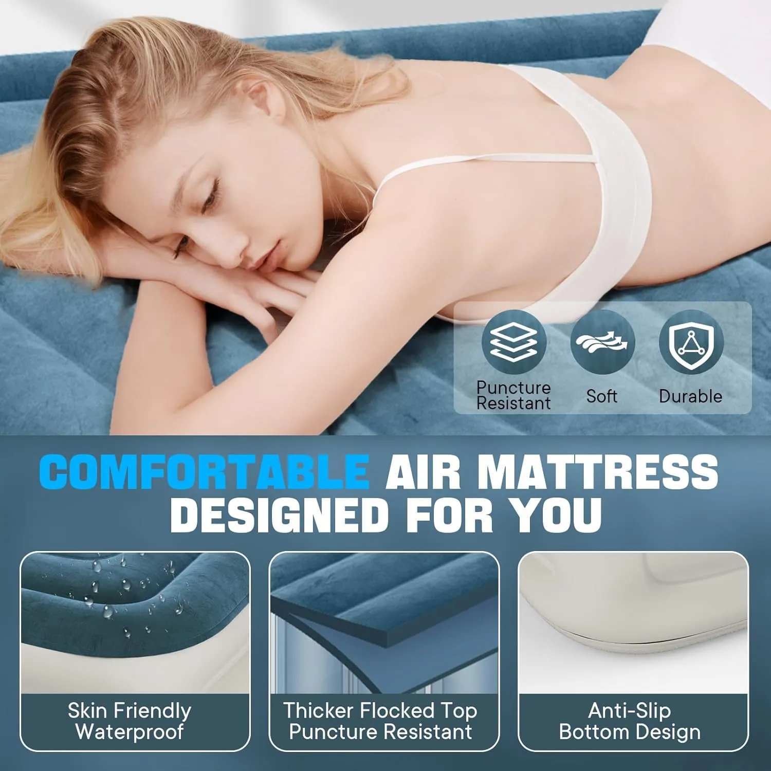 Queen Air Mattress with Built-in Pump,Fast & Easy Inflation/Deflation Inflatable Mattress, Foldable Blow Up Mattress with Storage Bag, Inflatable Bed for Home, Camping & Guests