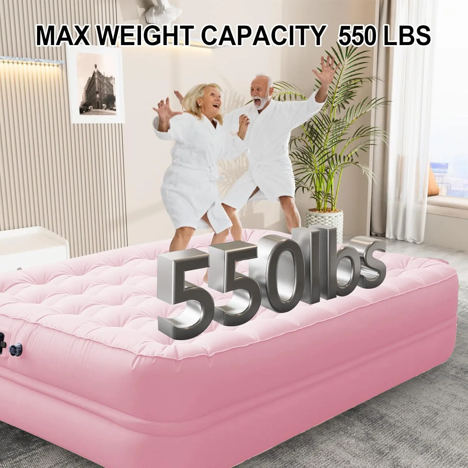 Queen Air Mattress with Built-in Rechargeable Battery Pump, Cooling Pongee Fabric Material, Waterproof & Leakproof Air Mattress Queen, Camping Airbed, (18", Pink)