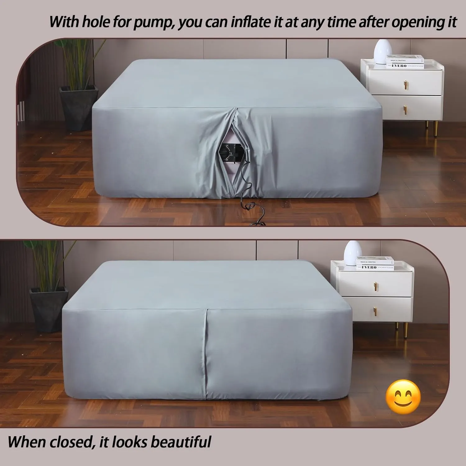 Queen Fitted Sheet for Air Mattress,with 24 Inch Extra Deep Pockets,Ultra Soft Durable Breathable Bed Sheets Cover for Inflatable Air Bed,with Pump Opening,Inflate at Any Time-Gray
