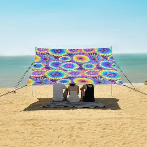 Rainbow Circles Beach Canopy Tent Anti-UV & Wind Resistant, Abstract Tie Dye Camping Sun Shelter Easy Setup Portable,Outdoor Shade Tents with Sandbags,Sand Shovels,Ground Pegs & Stability Poles