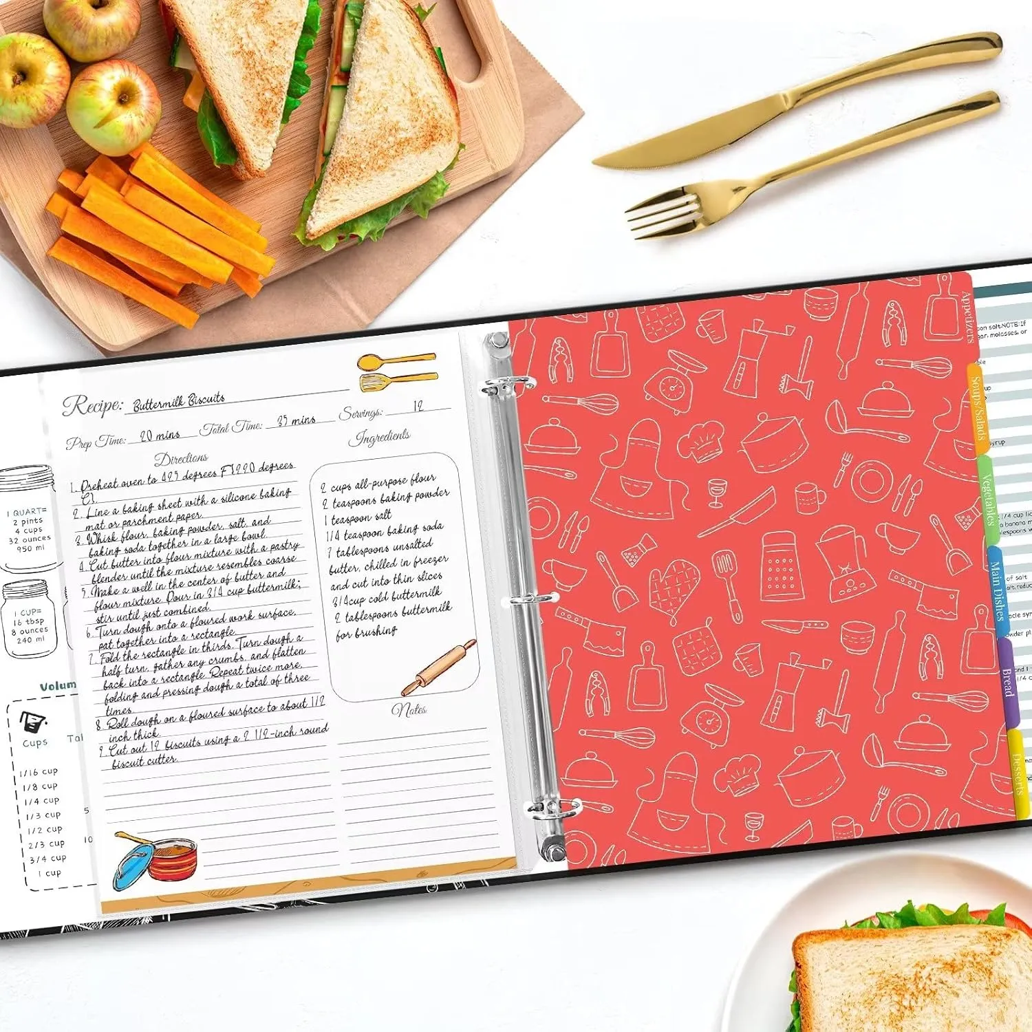Recipe Binder 8.5x11 3 Ring, Recipe Book to Write in Your own Recipes, Full Page Recipe Binder with Plastic Sleeves, Blank Recipe Cards and Dividers (Blackboard Painting)