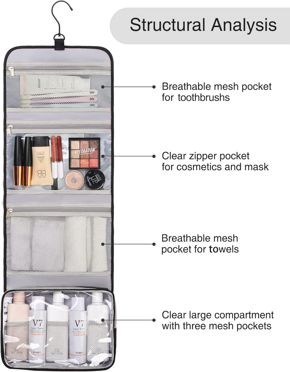 Relavel Travel Hanging Toiletry Bag for Men Women Travel Kit Shaving Bag Waterproof Large Makeup Bag Wash Bag Makeup Organizer Cosmetic Case for Bathroom Shower Black