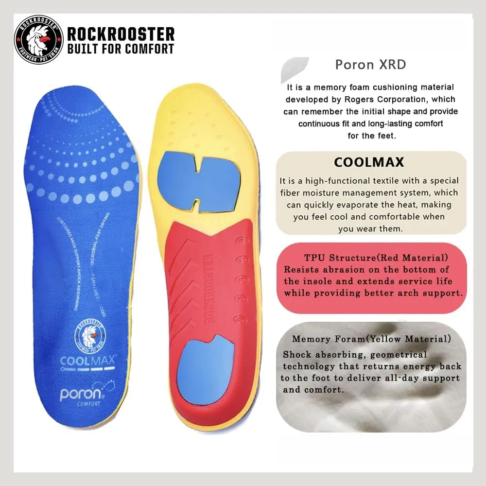 ROCKROOSTER Women's Men's Arch Support Anti-Fatigue Comfortable Cushioned Insole Heel Pain Relief Replacement Footwear Heavy Duty Comfort and Support Memory Fit Insoles