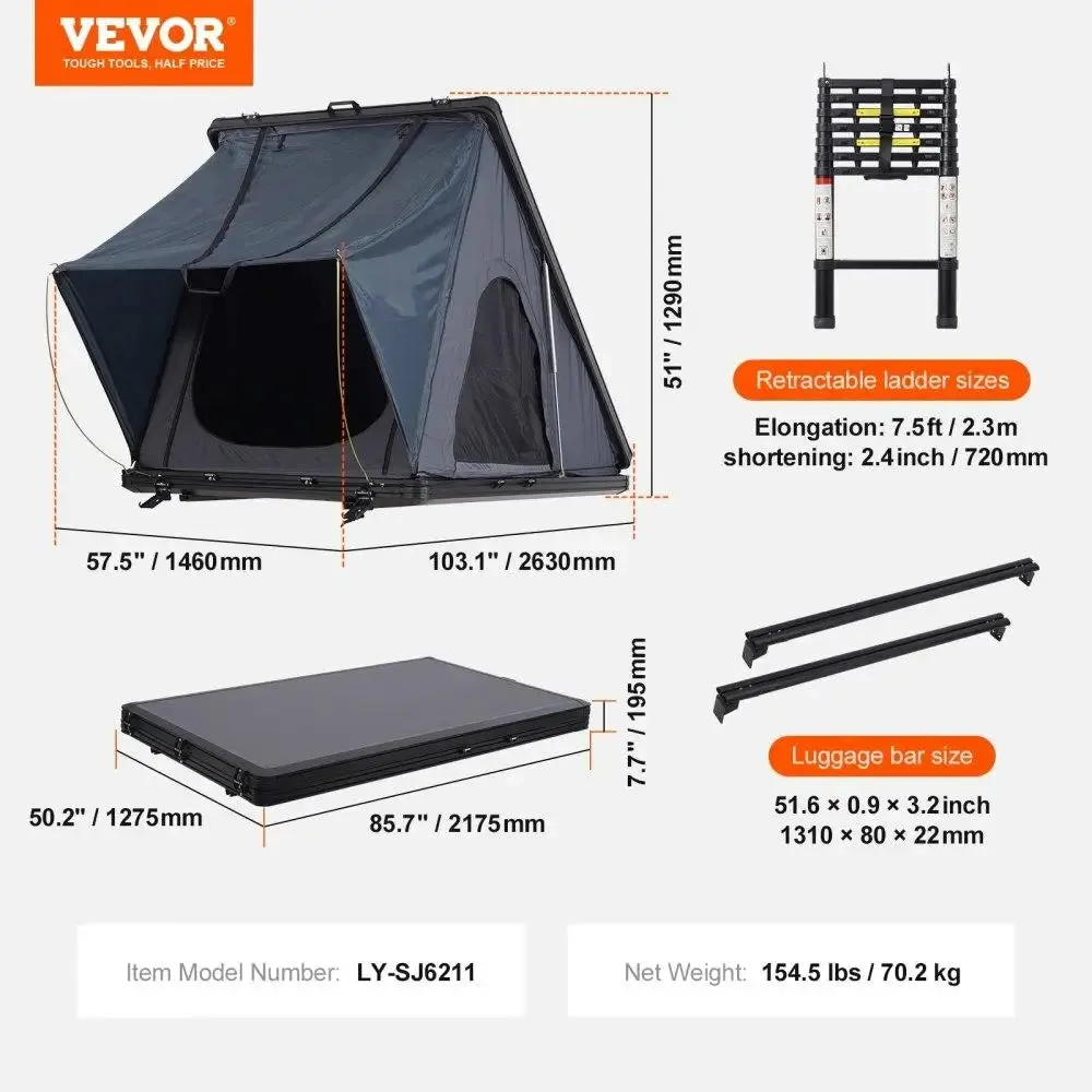 Rooftop Tent Hard Shell 2-3 Person Waterproof for Jeep, SUV and Truck w/ Ladder