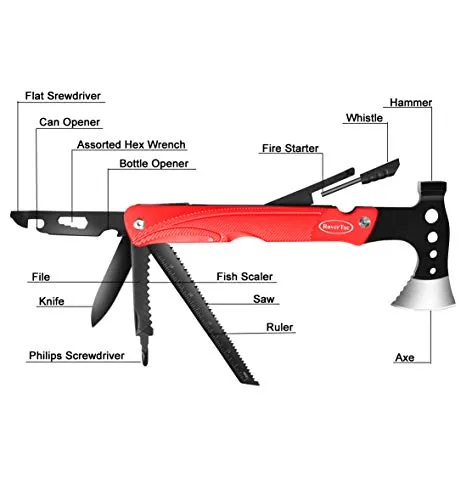 RoverTac Camping Hatchet Multitool Axe Survival Gear Gifts for Men Dad Him 14-in-1 Axe Hammer Knife Saw Bottle Opener Fire Starter Whistle Perfect for Camping Survival Hiking Fishing