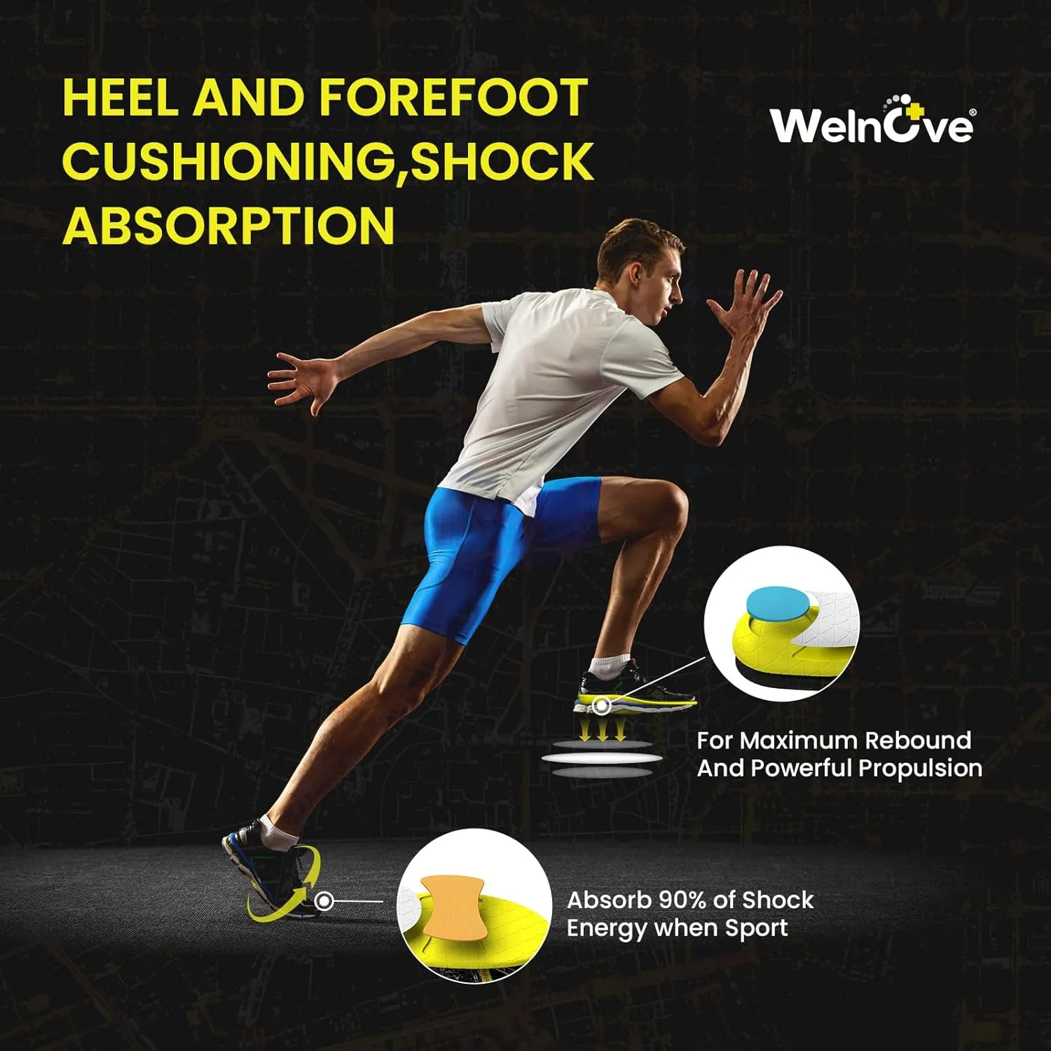 Running Sports Insoles Plantar Fasciitis - Welnove Athletic Inserts Arch Support for Flat Feet - Shock Absorption Insoles Foot Pain Fatigue Relief, Enhance Performance, Fit Most Shoes, Men Women (XL)