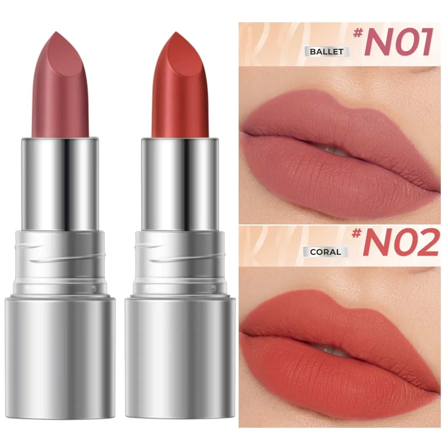 SACE LADY Matte Lipstick for Women, Long Lasting Lipstick Set Waterproof and Smudgeproof, Natural Red Lip Color Makeup High Pigmented Stays On Up to 24 Hour (N01 N02, 2pcs)