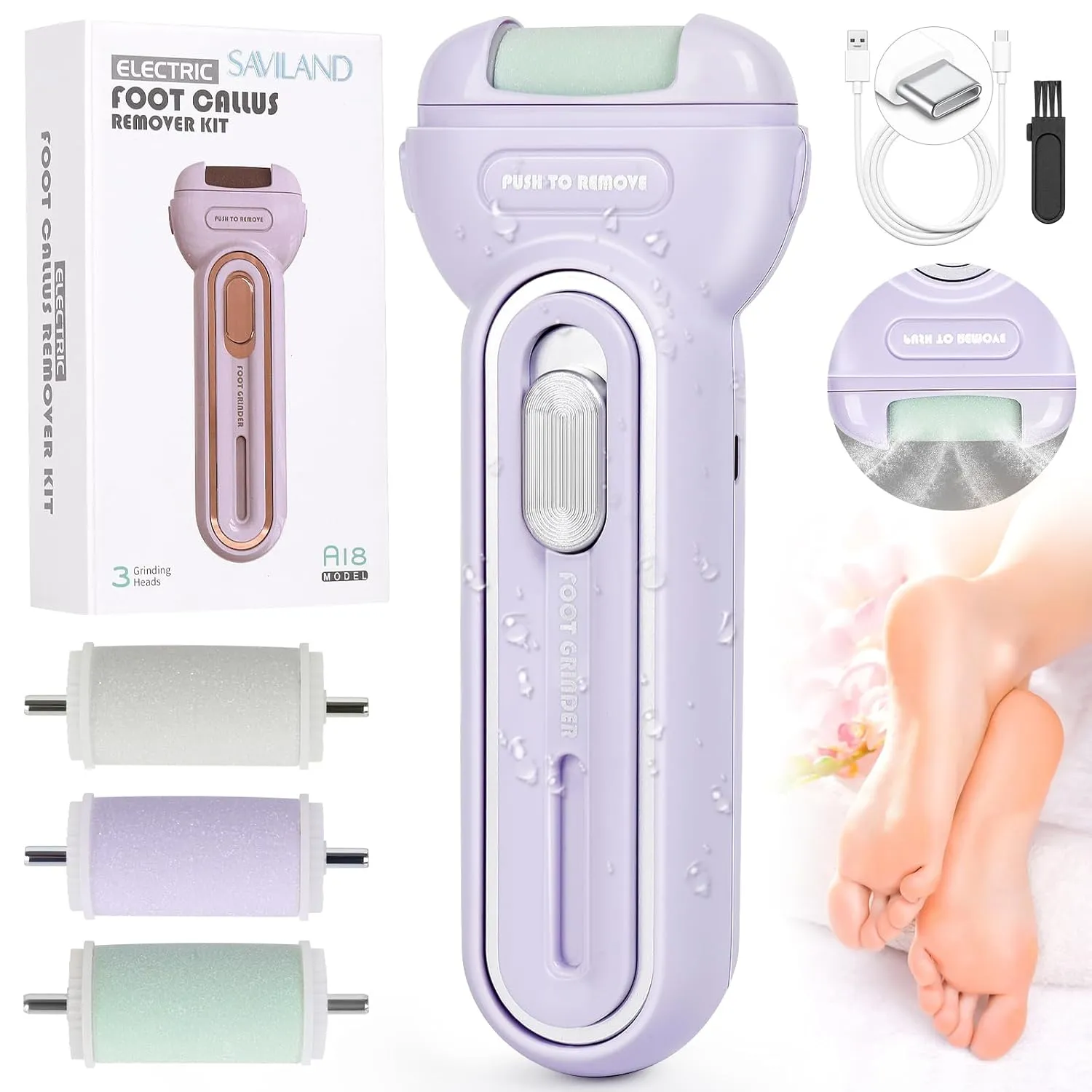SAVILAND Electric Foot Scrubber 4000 RPM: Professional Callus Remover for Feet Hard Cracked Dry Skin Rechargeable Travel Foot File With 3 Roller Heads Waterproof Pedicure Kit Gifts for Athletes Women