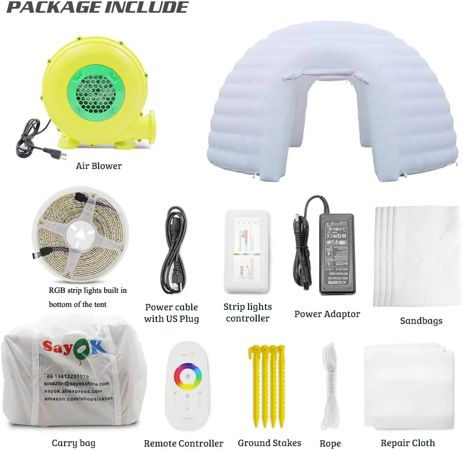 SAYOK Outdoor Portable Inflatable Igloo Dome Tent with Led Light for Party Wedding Event Camping