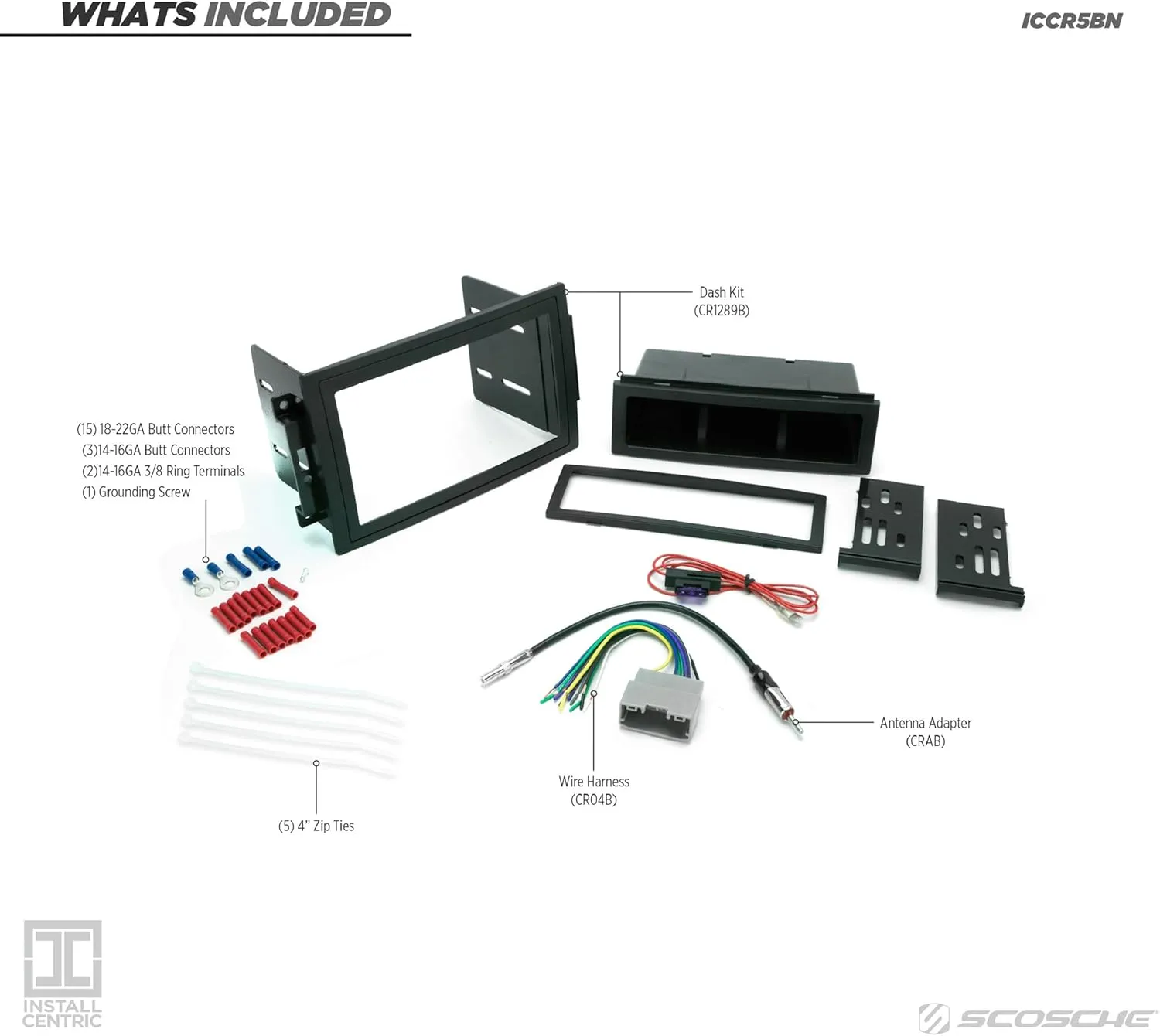 Scosche ICCR5BN Double DIN Radio Install Dash Kit & Harness Compatible with Select 2004-08 Factory Amplified Chrysler, Dodge & Jeep - Complete Basic Car Stereo Installation Kit - Does Not Retain SWC