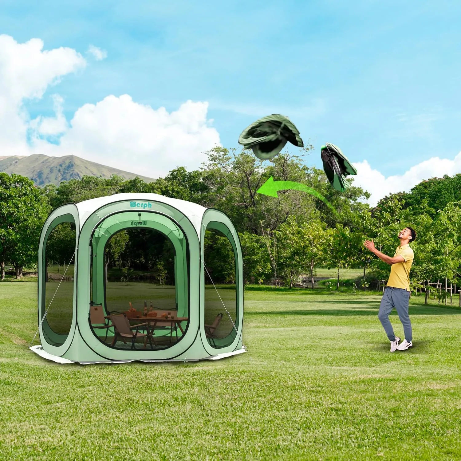 Screen Tent Pop-Up, Portable Tent Canopy with Mesh Mosquito Net, Screen House Room Canopy Shade Screen Tent 10x10 FT with Carry Bag for Patio, Backyard, Sports & Outdoors Activities, Green
