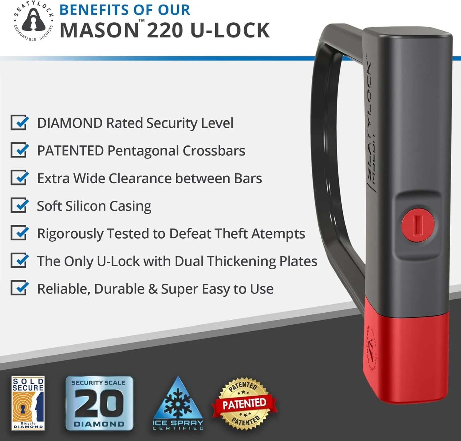 Seatylock Mason Bike U Lock - Patented Heavy Duty Anti Theft Diamond Secure ULock - Ultra Security Bicycle Safety Tool with Keys for City Electric or Mountain Bikes and Scooters