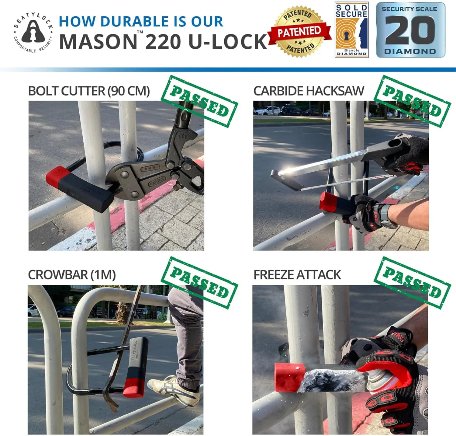 Seatylock Mason Bike U Lock - Patented Heavy Duty Anti Theft Diamond Secure ULock - Ultra Security Bicycle Safety Tool with Keys for City Electric or Mountain Bikes and Scooters