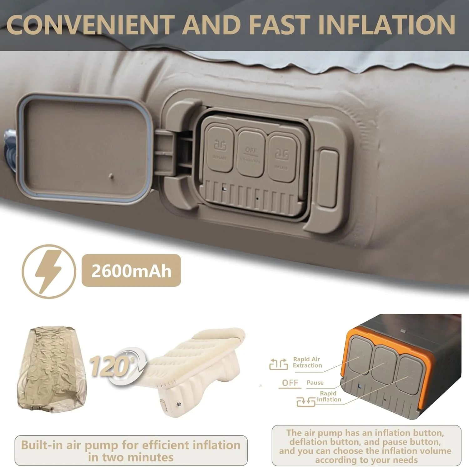 Self-Inflating Air Mattress Back Seat for SUV Portable PVC Air Couch Flocking Surface Car Air Couch Mat Built-in Charging Pump with Inflate-Deflate Function Beige and Brown