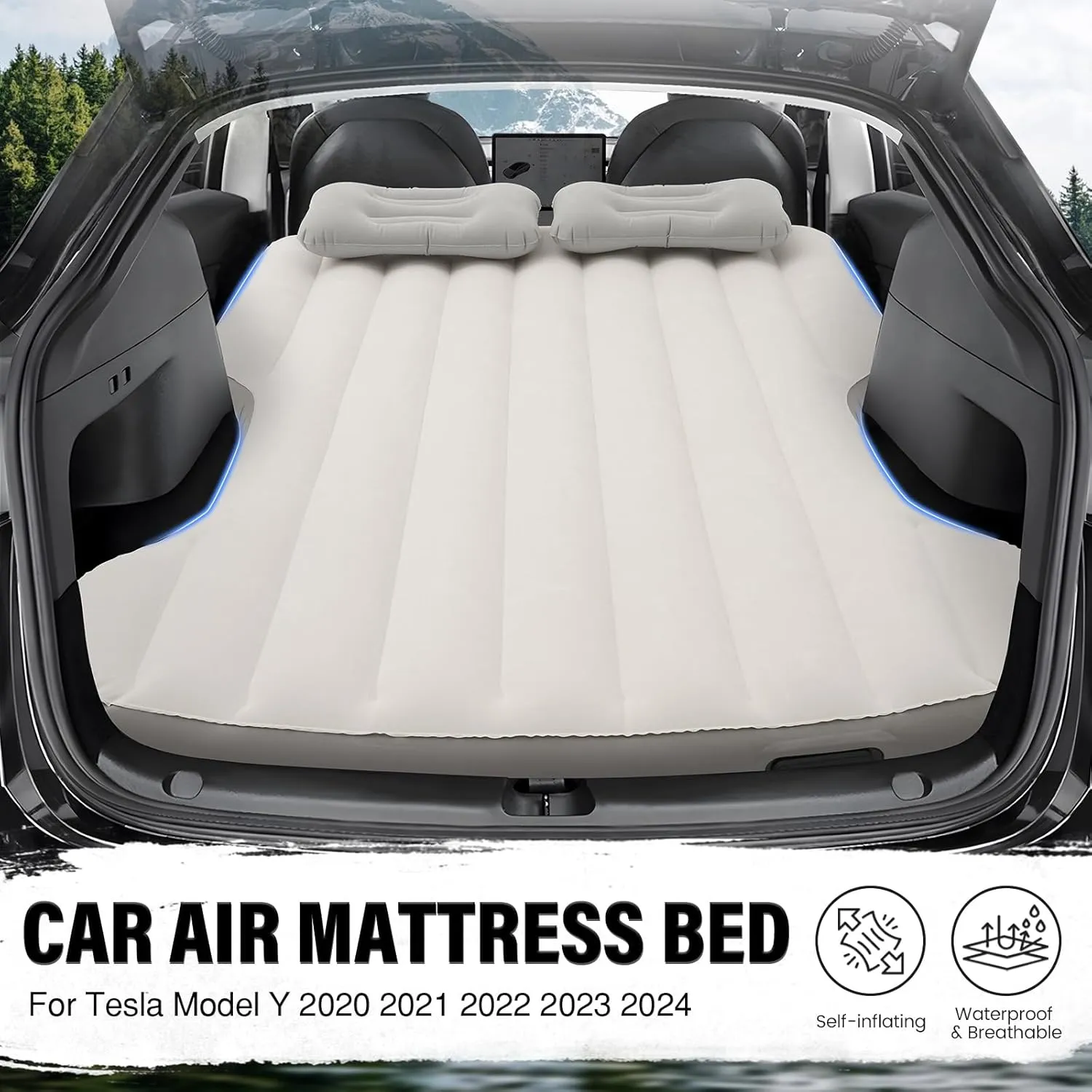 Self-Inflating Car Air Mattress Custom for Tesla Model Y 2025 2024 2023-2020 Outdoor Camping Air Bed with 2 Pillows Built-in Pump Air Couch Flocking Surface Air Cushion Model Y Accessories(Beige&Gray)