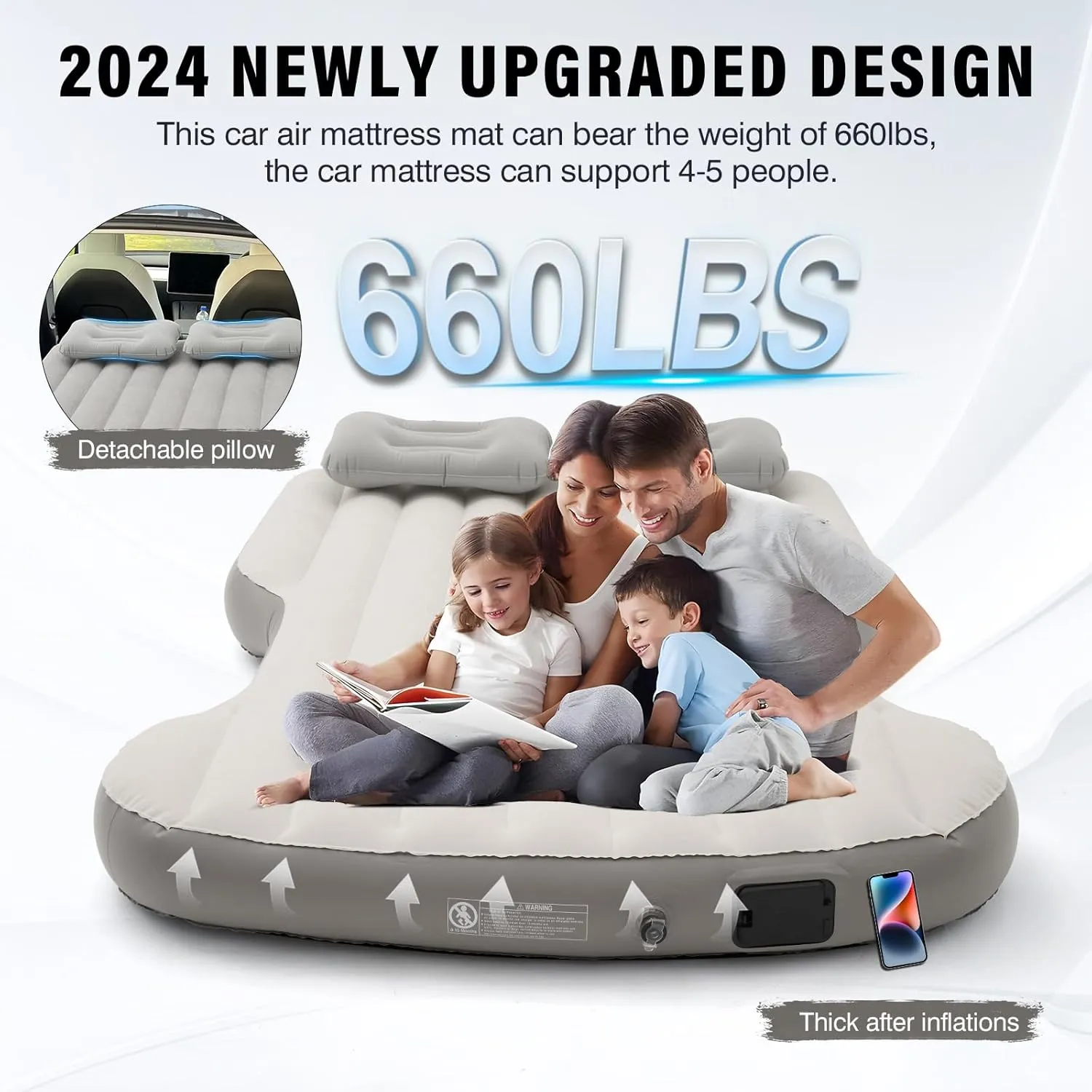 Self-Inflating Car Air Mattress Custom for Tesla Model Y 2025 2024 2023-2020 Outdoor Camping Air Bed with 2 Pillows Built-in Pump Air Couch Flocking Surface Air Cushion Model Y Accessories(Beige&Gray)