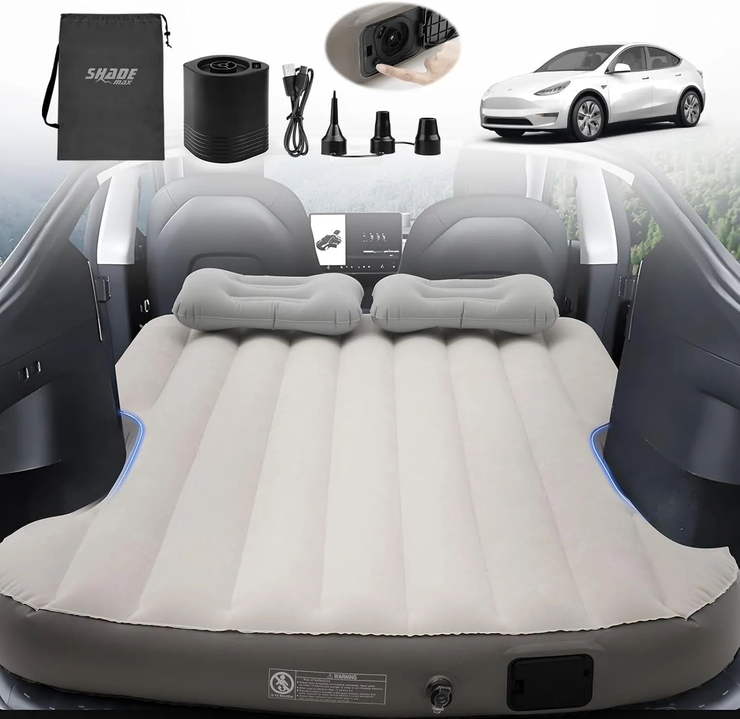Self-Inflating Car Air Mattress Custom for Tesla Model Y 2025 2024 2023-2020 Outdoor Camping Air Bed with 2 Pillows Built-in Pump Air Couch Flocking Surface Air Cushion Model Y Accessories(Beige&Gray)