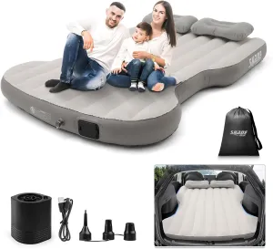 Self-Inflating Car Air Mattress Custom for Tesla Model Y 2025 2024 2023-2020 Outdoor Camping Air Bed with 2 Pillows Built-in Pump Air Couch Flocking Surface Air Cushion Model Y Accessories(Beige&Gray)