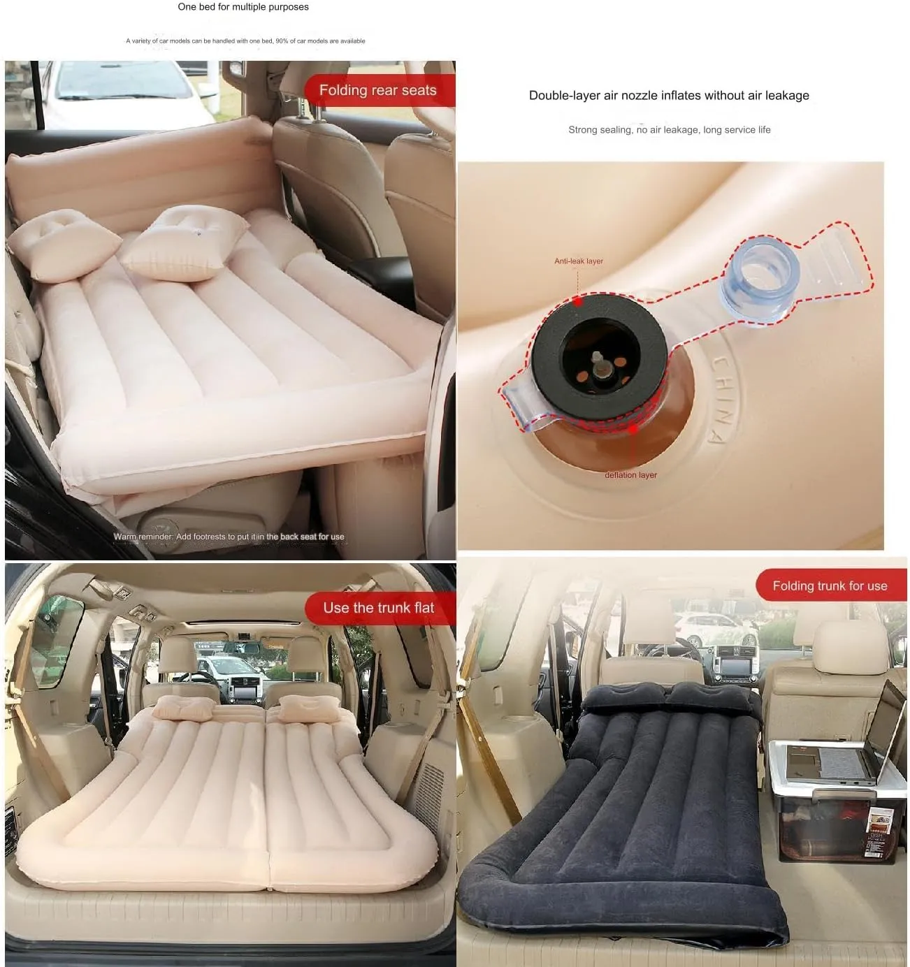 Self-Inflating Car Air Mattress, Movable Thicker Portable Car Bed Camping Inflatable Mattress (E Black Foot Socket)