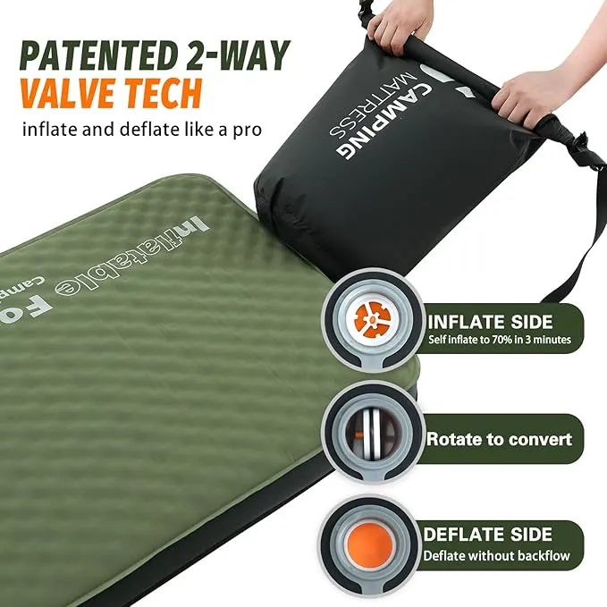 Self Inflating Sleeping Pad, 4in Ultra-Thick Foam Camping Single Mattress with Air Pump Sack, Sleeping Mats for Adults Inflatable Camping Pad Floor Bed Mattress, Cot Bed, Travel, Car, Home, Army Green