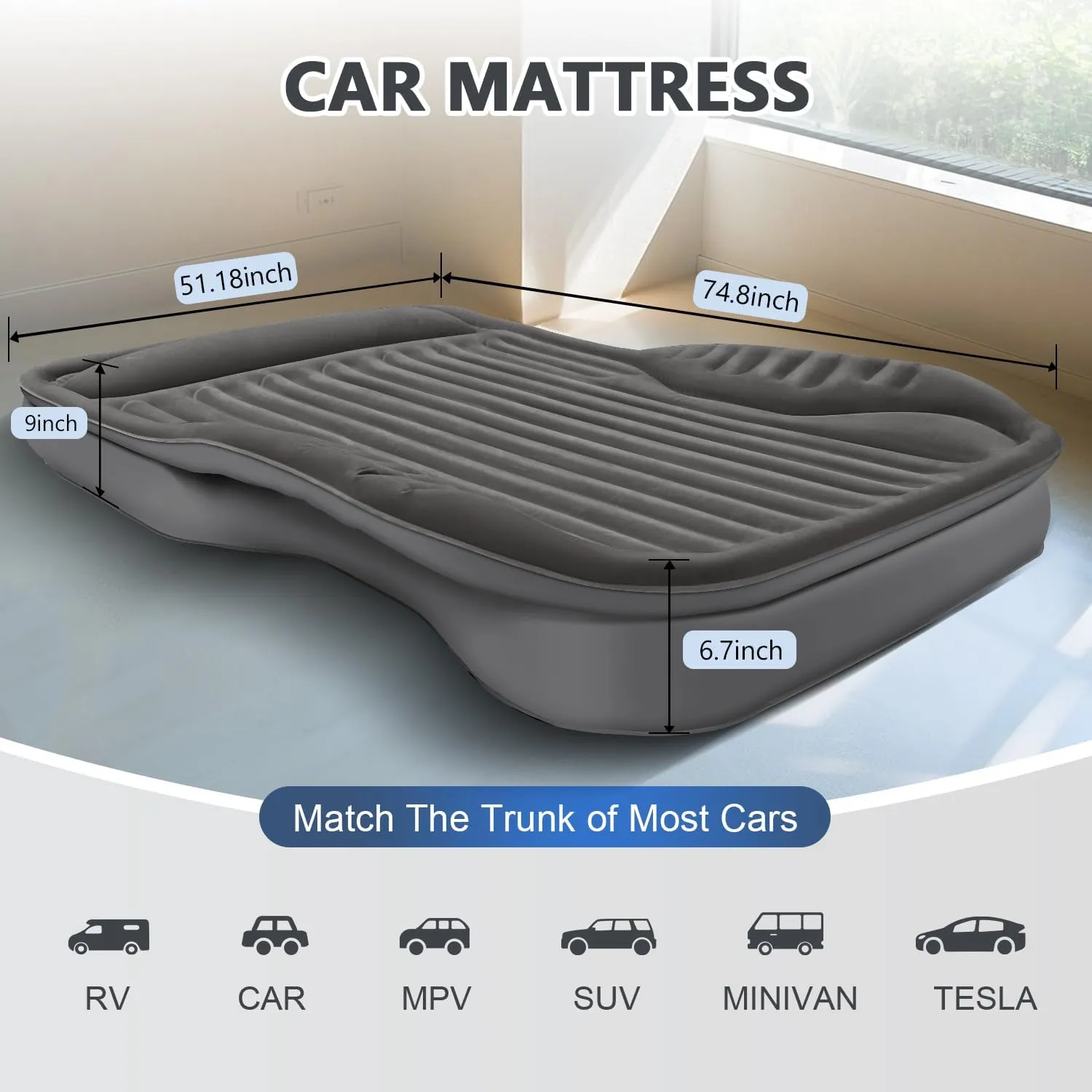 Self-Inflating SUV Air Mattress with Built in Electric Pump，car air Mattress with Pillow for Trunk，Portable car Mattress for Travle and Camping, Black