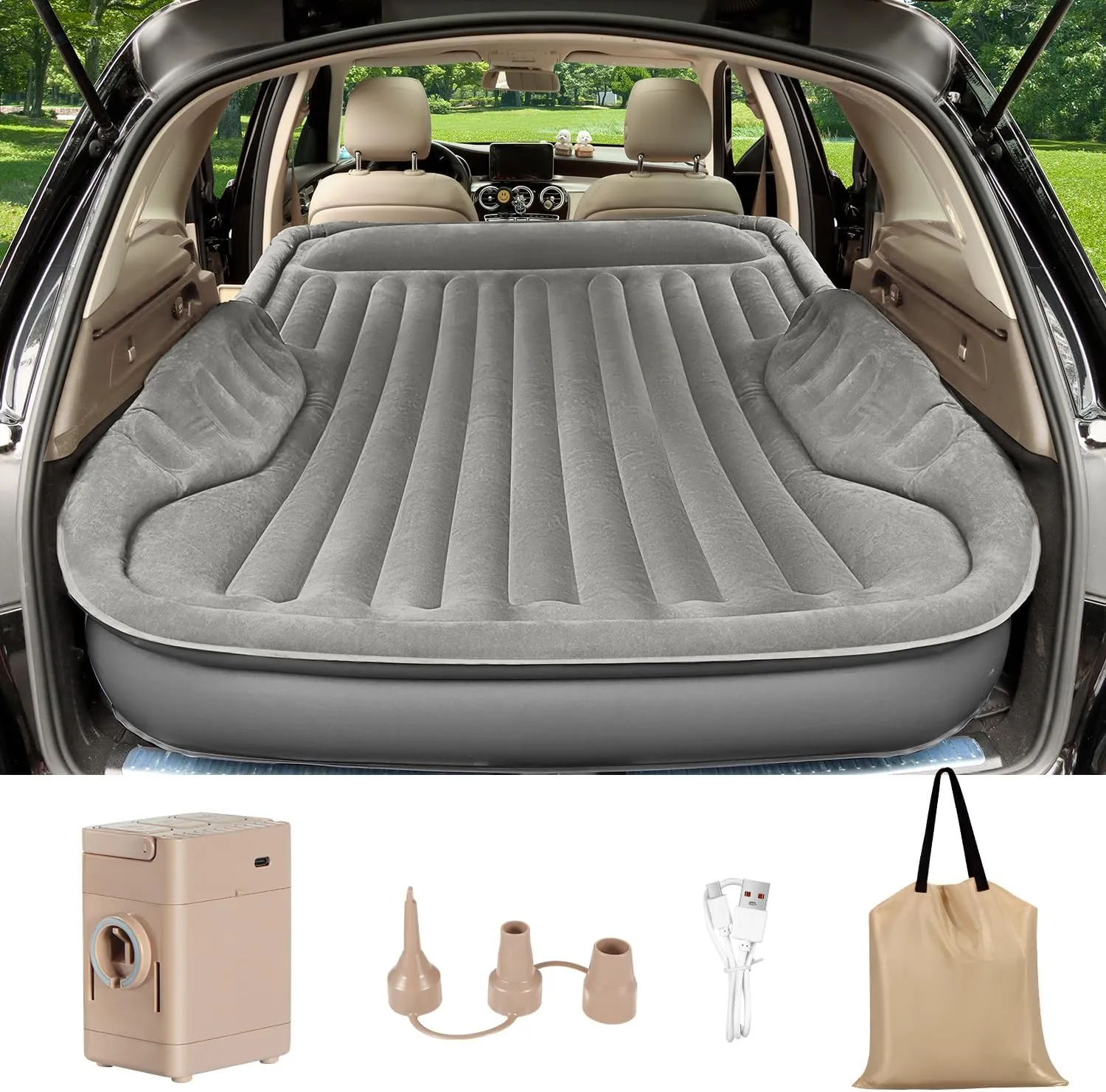 Self-Inflating SUV Air Mattress with Built in Electric Pump，car air Mattress with Pillow for Trunk，Portable car Mattress for Travle and Camping, Gray
