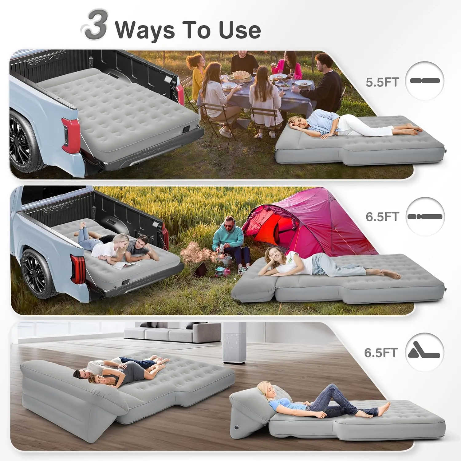 Self-Inflating Truck Bed Air Mattress for 5.5-6.5 Ft with Built-in Pump- Adjustable Air Mattress Portable for Home,Tent,Camping & Guests, Trave - 800lb Weight Capacity
