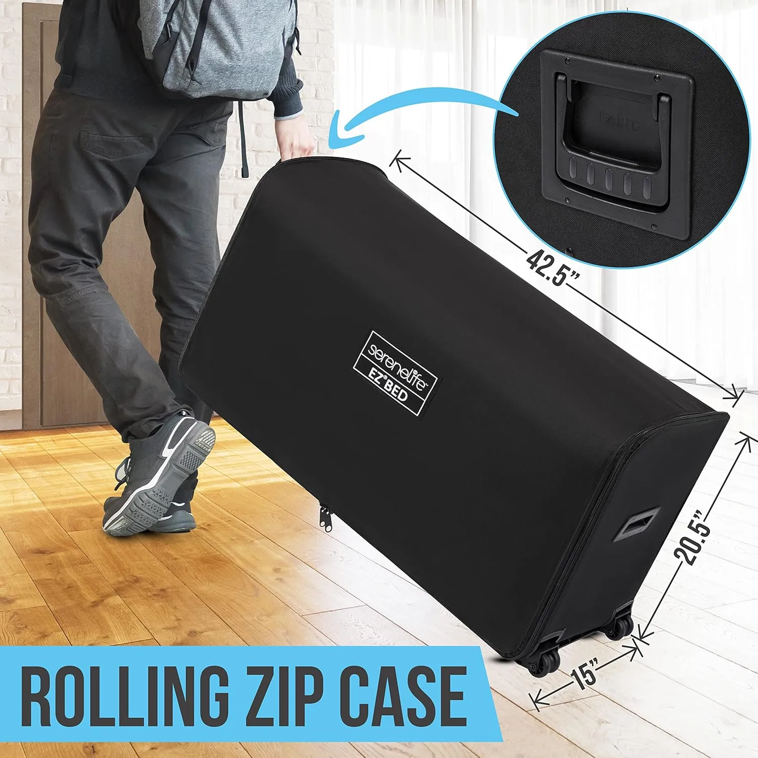 SereneLife EZ Bed Air Mattress with Frame and Rolling Case, Self-Inflating Airbed with Built in Pump for Travel and Hosting, King