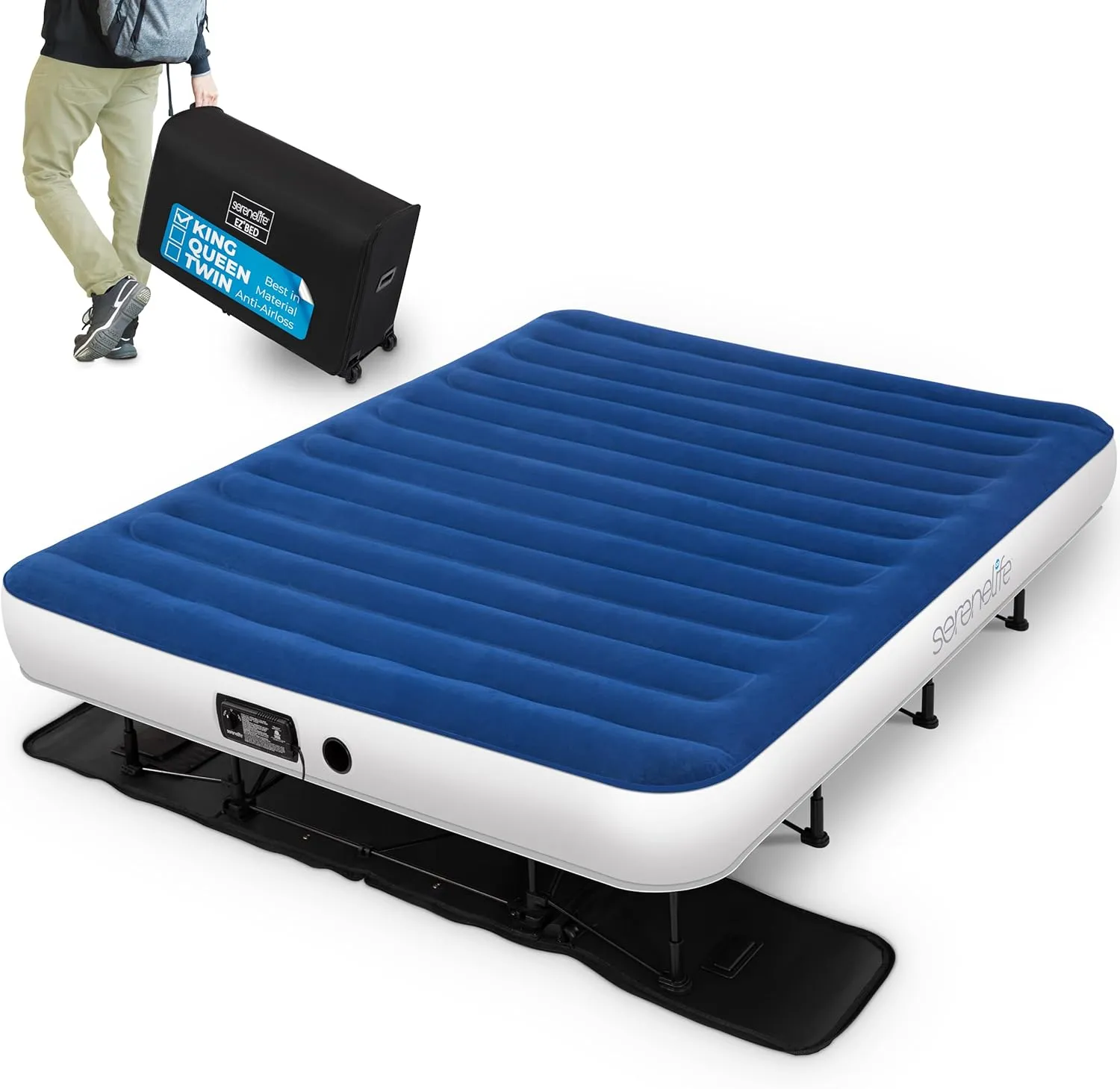SereneLife EZ Bed Air Mattress with Frame and Rolling Case, Self-Inflating Airbed with Built in Pump for Travel and Hosting, King