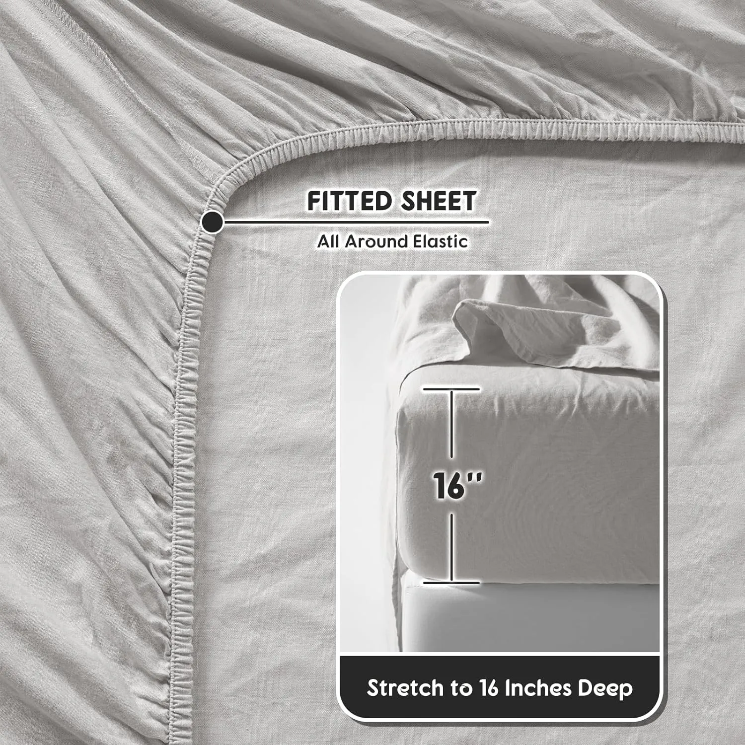 Shilucheng 100% French Linen Sheets - Queen Size Bed Sheets, Breathable & Cooling Pure Linen Sheets,Soft Durable and Tear Resistant -16 Inch Deep Pocket - 4Pcs (Grey, Queen)