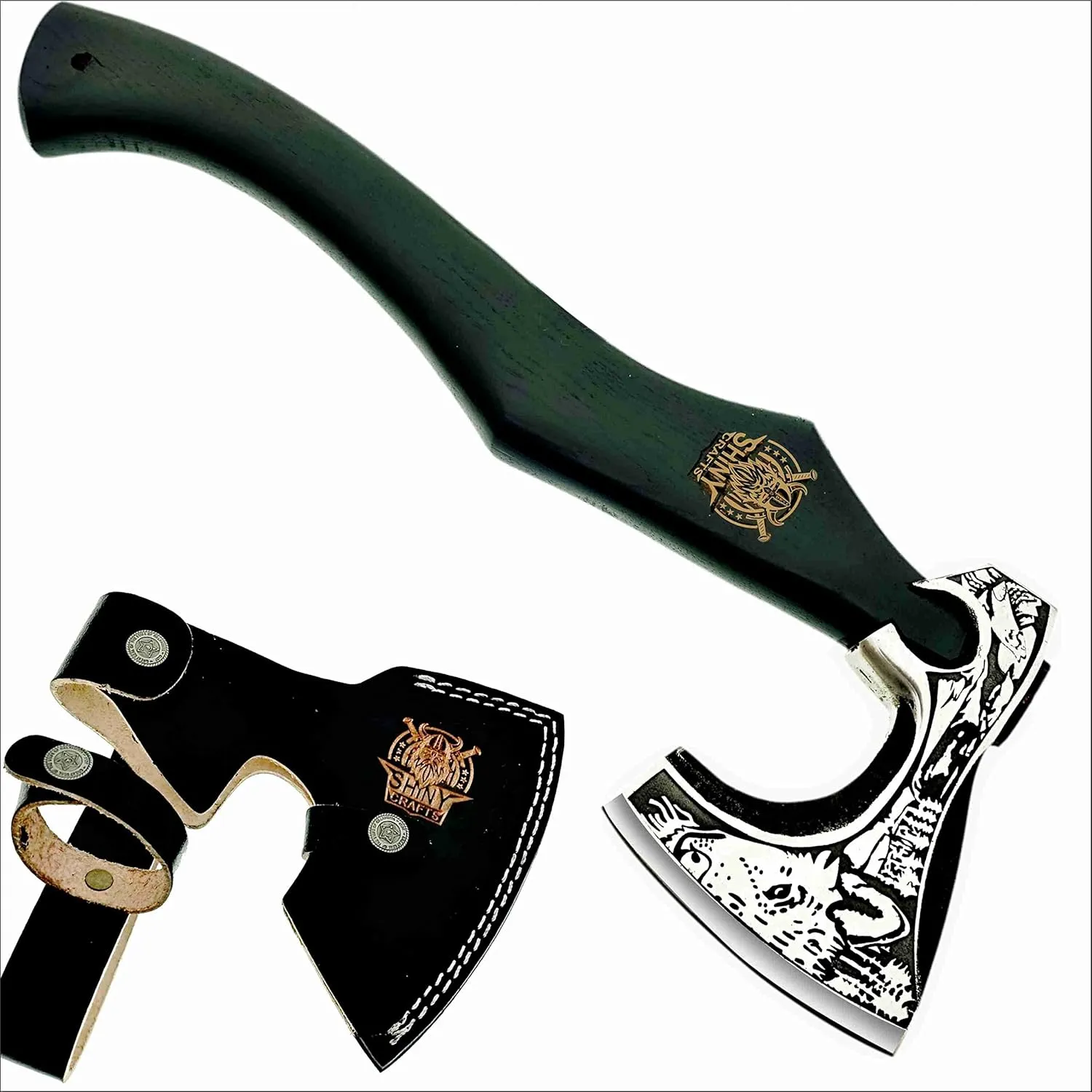 SHINY CRAFTS-Viking Axe Mens Axes Gifts for him Hatchet with Leather Sheath-Handmade Viking Axe with Carbon Steel Head Ashwood Handle Viking Gifts for Men with Premium Quality Leather Sheath (SCA 23)