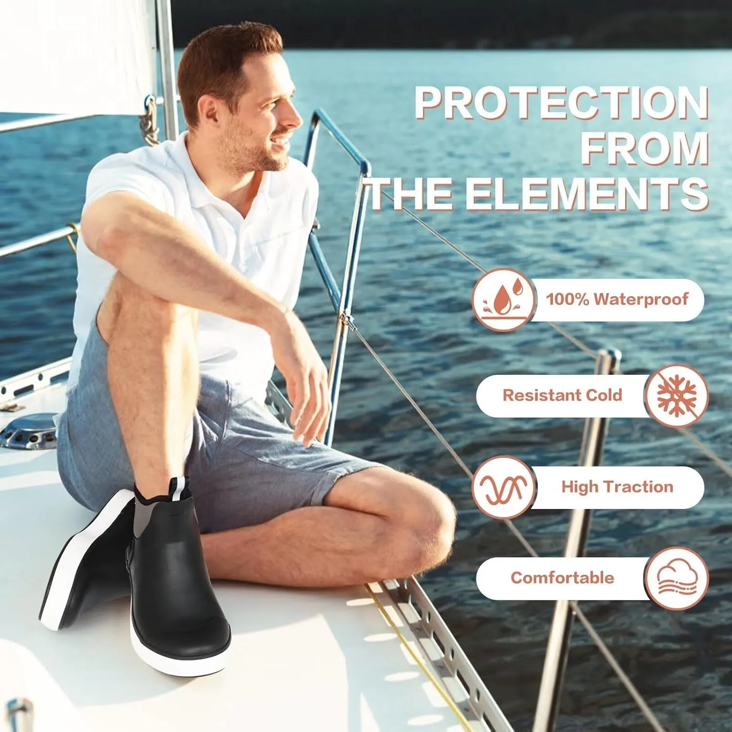Showave Men’s Deck Boots Waterproof Ankle Saltwater Rain Boot Fishing Rubber Boots Slip On Neoprene Boat Booties Work Sailing Boot For Men