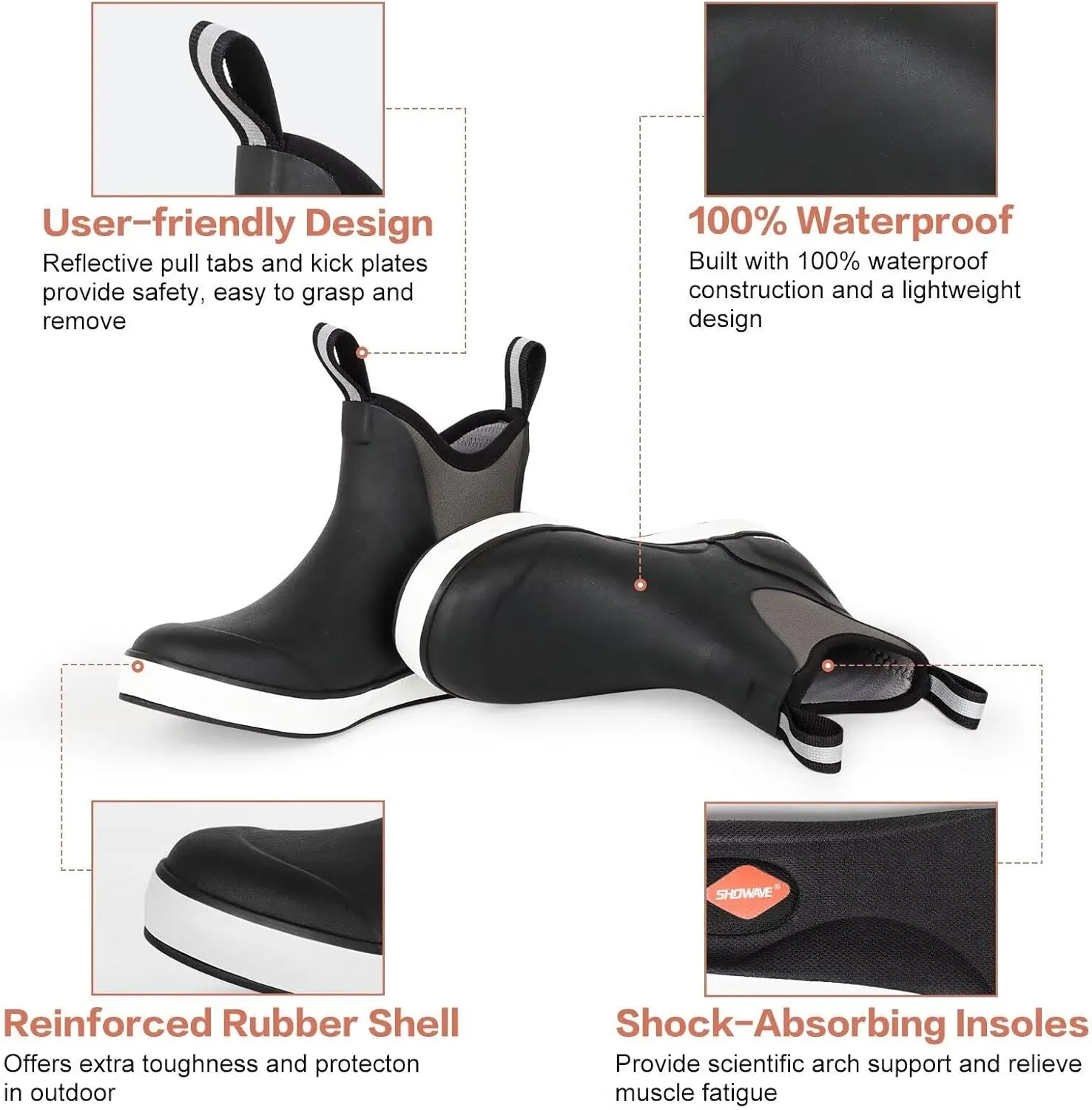 Showave Men’s Deck Boots Waterproof Ankle Saltwater Rain Boot Fishing Rubber Boots Slip On Neoprene Boat Booties Work Sailing Boot For Men