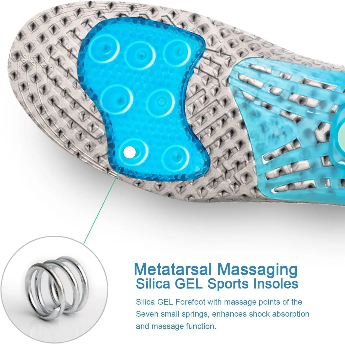 Silica Gel Sport Shoe Insole,MARRDO Spring Cushioning Shock Absorption Shoe Insert,Forefoot Enhances Massaging Footbeds,Plantar Fasciitis Sports Running Insoles for Men & Women (Medium 8.5-10/Grey)
