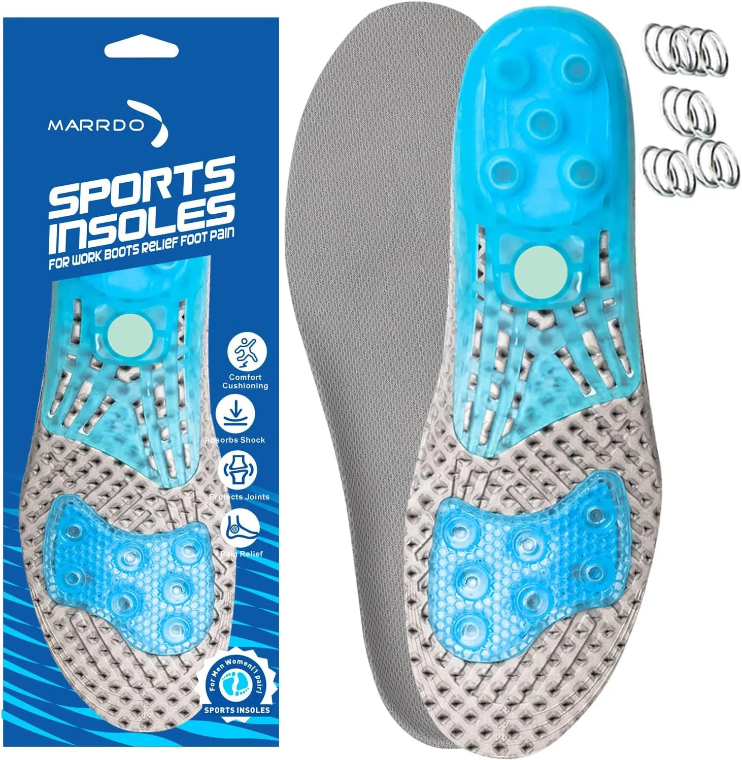 Silica Gel Sport Shoe Insole,MARRDO Spring Cushioning Shock Absorption Shoe Insert,Forefoot Enhances Massaging Footbeds,Plantar Fasciitis Sports Running Insoles for Men & Women (Medium 8.5-10/Grey)