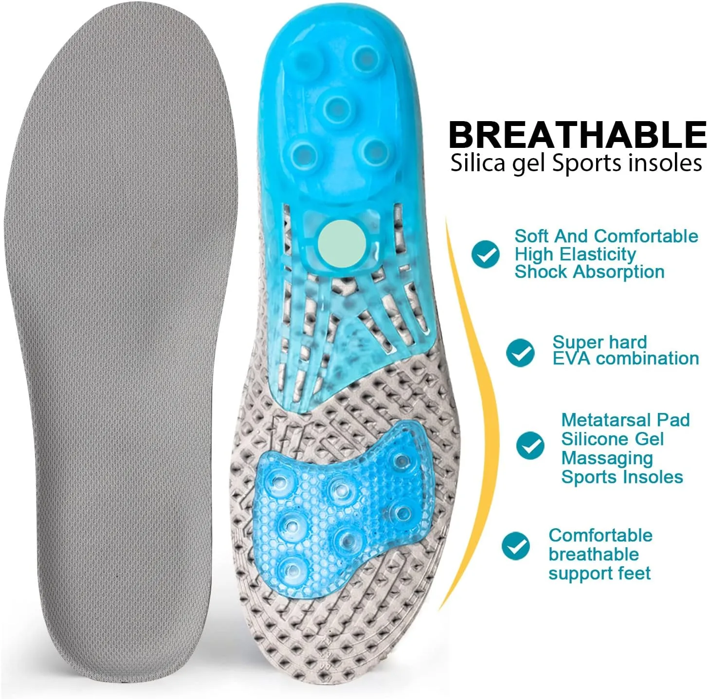 Silica Gel Sport Shoe Insoles for Kids and Women,MARRDO Spring Cushioning Shock Absorption Shoe Inserts,Plantar Fasciitis Arch Support Running Hiking Comfort Insoles (S Women 5-8/ Kids 2-6 Grey)