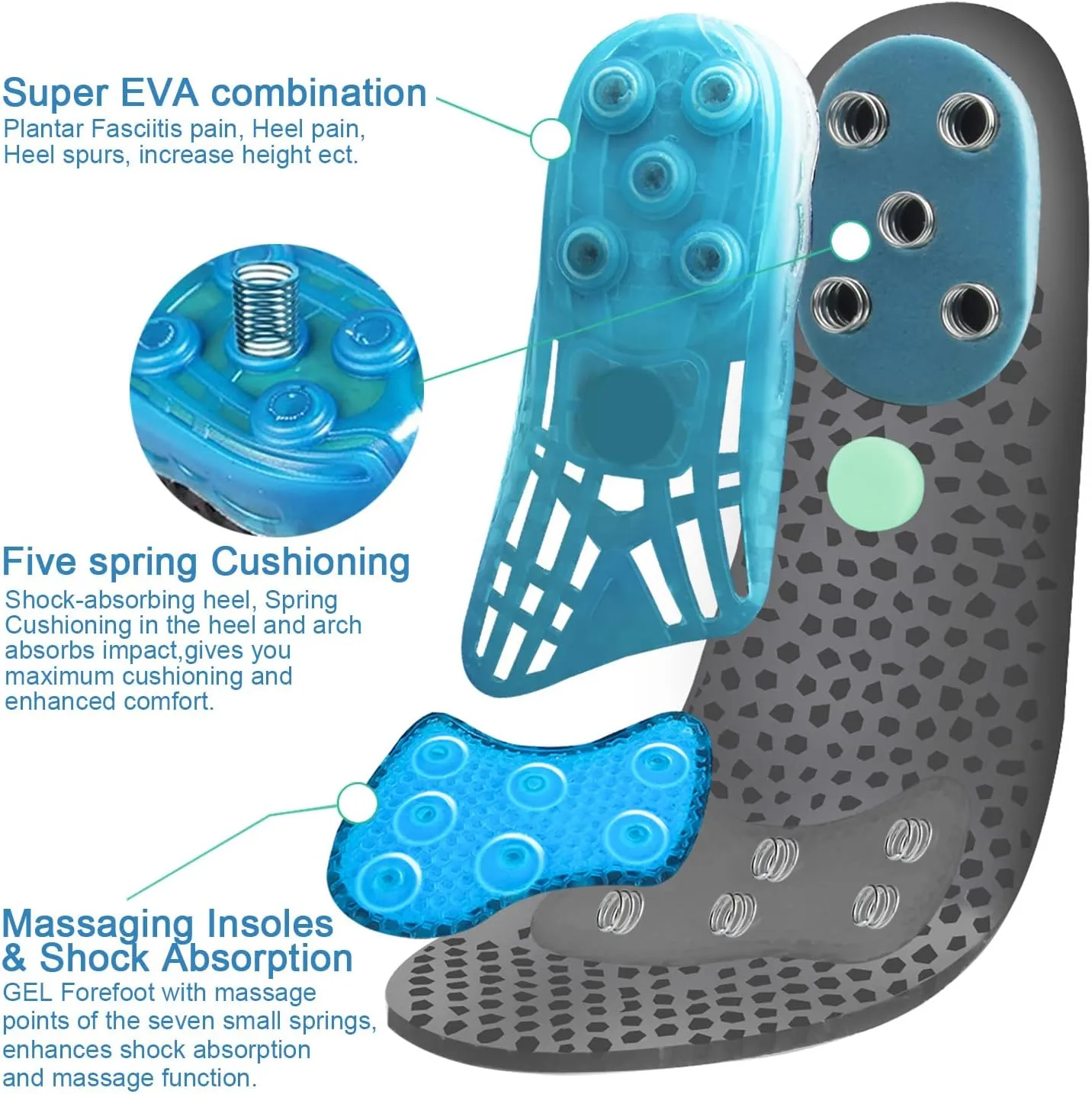 Silica Gel Sport Shoe Insoles for Kids and Women,MARRDO Spring Cushioning Shock Absorption Shoe Inserts,Plantar Fasciitis Arch Support Running Hiking Comfort Insoles (S Women 5-8/ Kids 2-6 Grey)