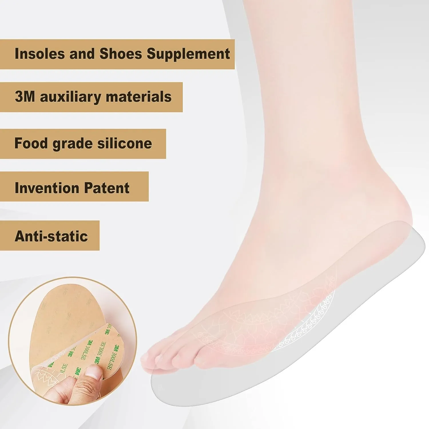 Silicone Self-Adhesive Insoles Sticker for Man's Leather Shoes Relieve Plantar Fasciitis Keep Shoes Dry Non-Slip Anti Odor Resistant