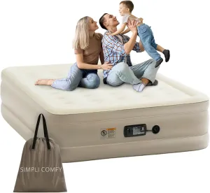 Simpli Comfy Inflatable 18” Queen Air Mattress with Built in Pump Self Inflating Blow Up Durable Heavy Duty Stay Firm Comfortable Air Bed Elevated for Home Guest Travel Relocate Camping