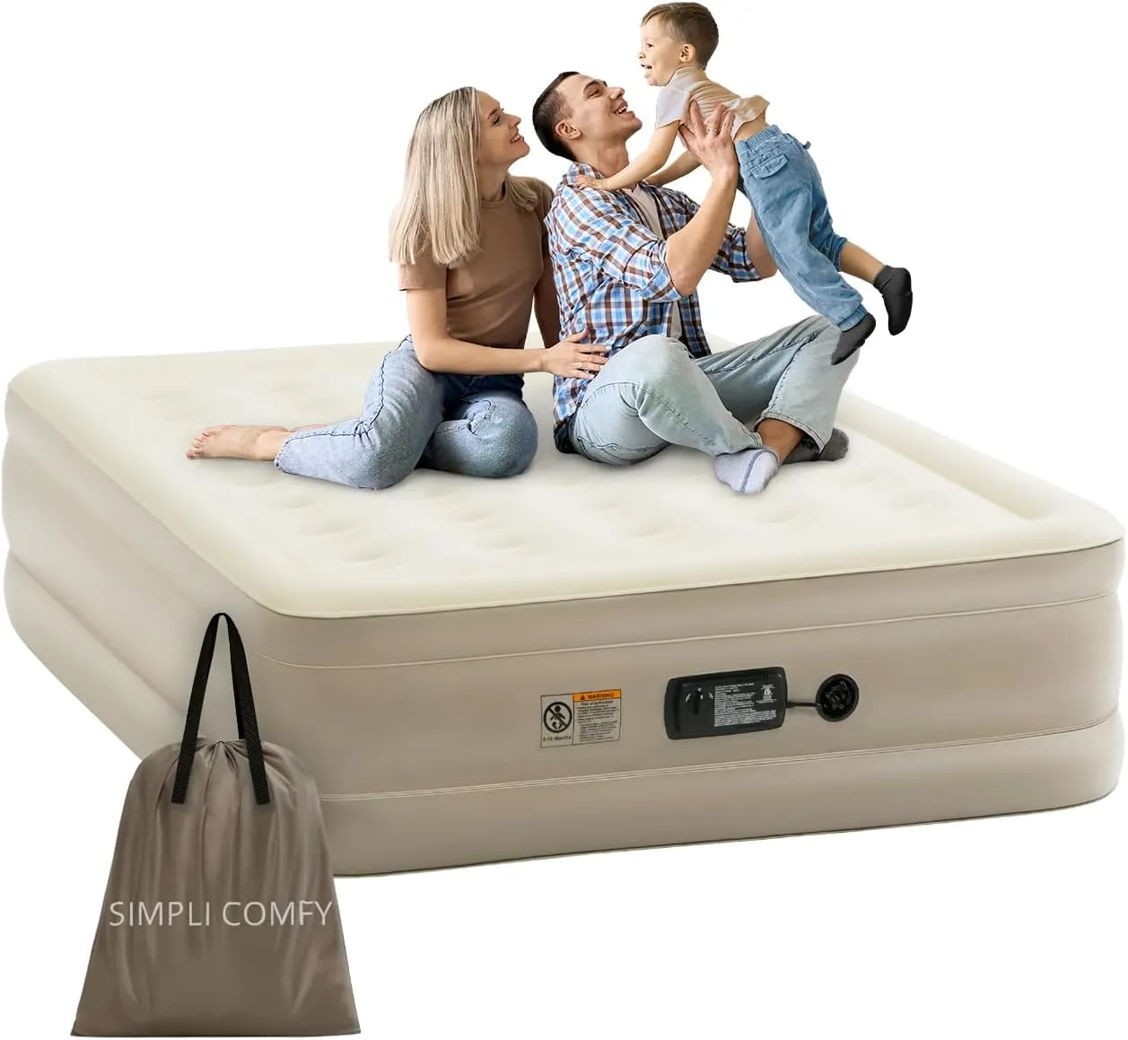 Simpli Comfy Inflatable 18” Queen Air Mattress with Built in Pump Self Inflating Blow Up Durable Heavy Duty Stay Firm Comfortable Air Bed Elevated for Home Guest Travel Relocate Camping