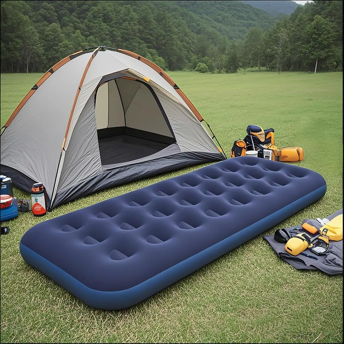 Single Camping Air Mattress Inflatable Air Bed with Flocked Top for Indoor or Outdoor