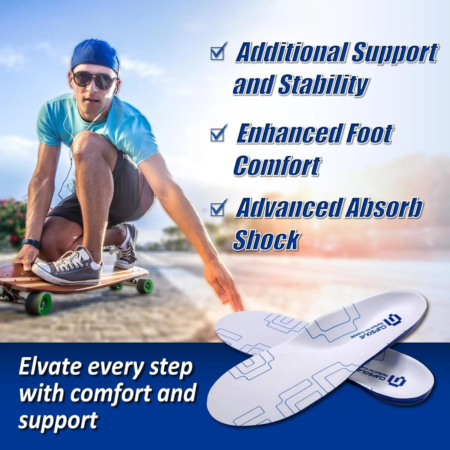 Skateboarding Shoe Insoles for Men, GED Sports Inserts for Skate Sneakers and Athletic Activity, Orthotic Insoles for Stability, Cushioning, Shock Absorbing, Arch Support, Protection （US 12-12.5）