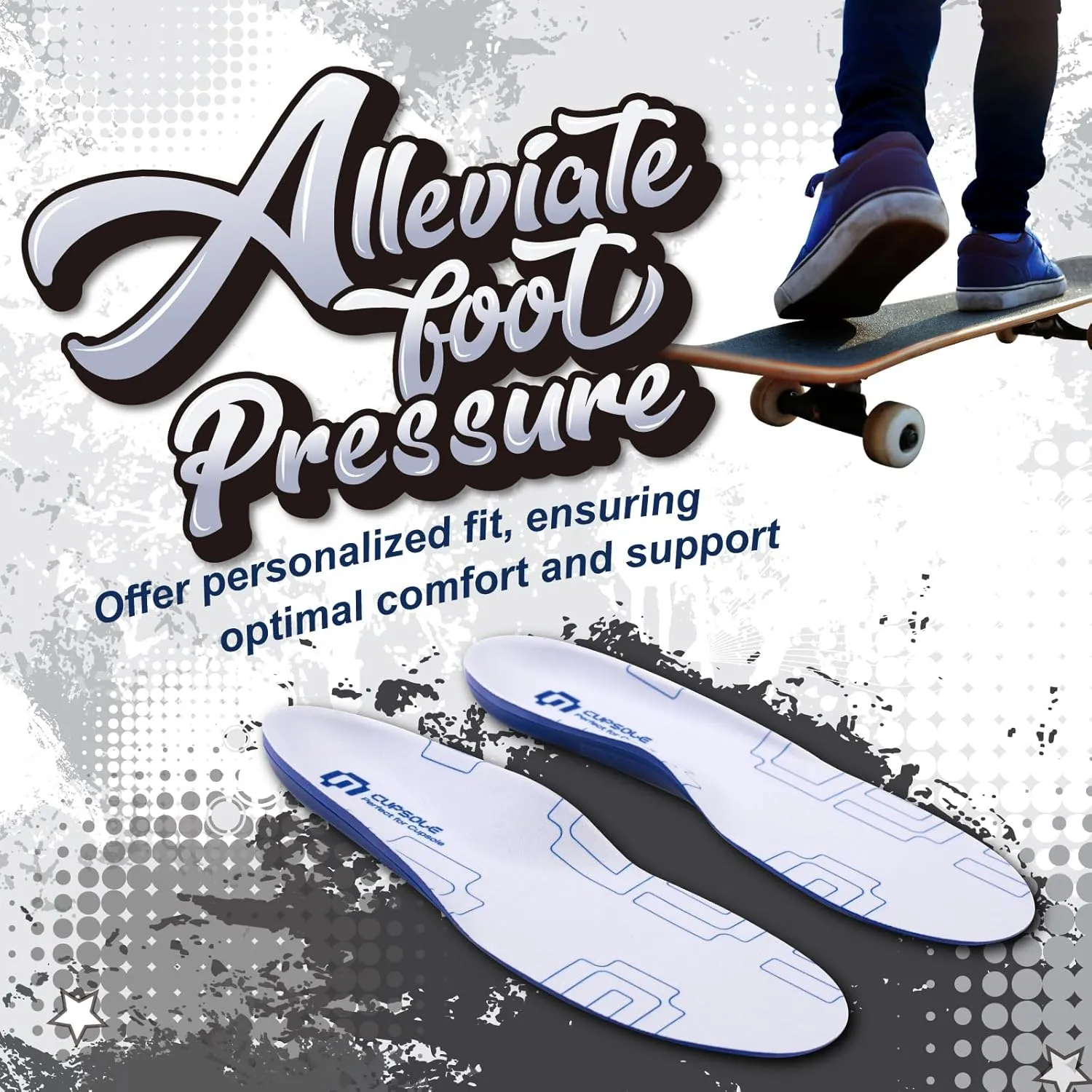 Skateboarding Shoe Insoles for Men, GED Sports Inserts for Skate Sneakers and Athletic Activity, Orthotic Insoles for Stability, Cushioning, Shock Absorbing, Arch Support, Protection （US 8-8.5）