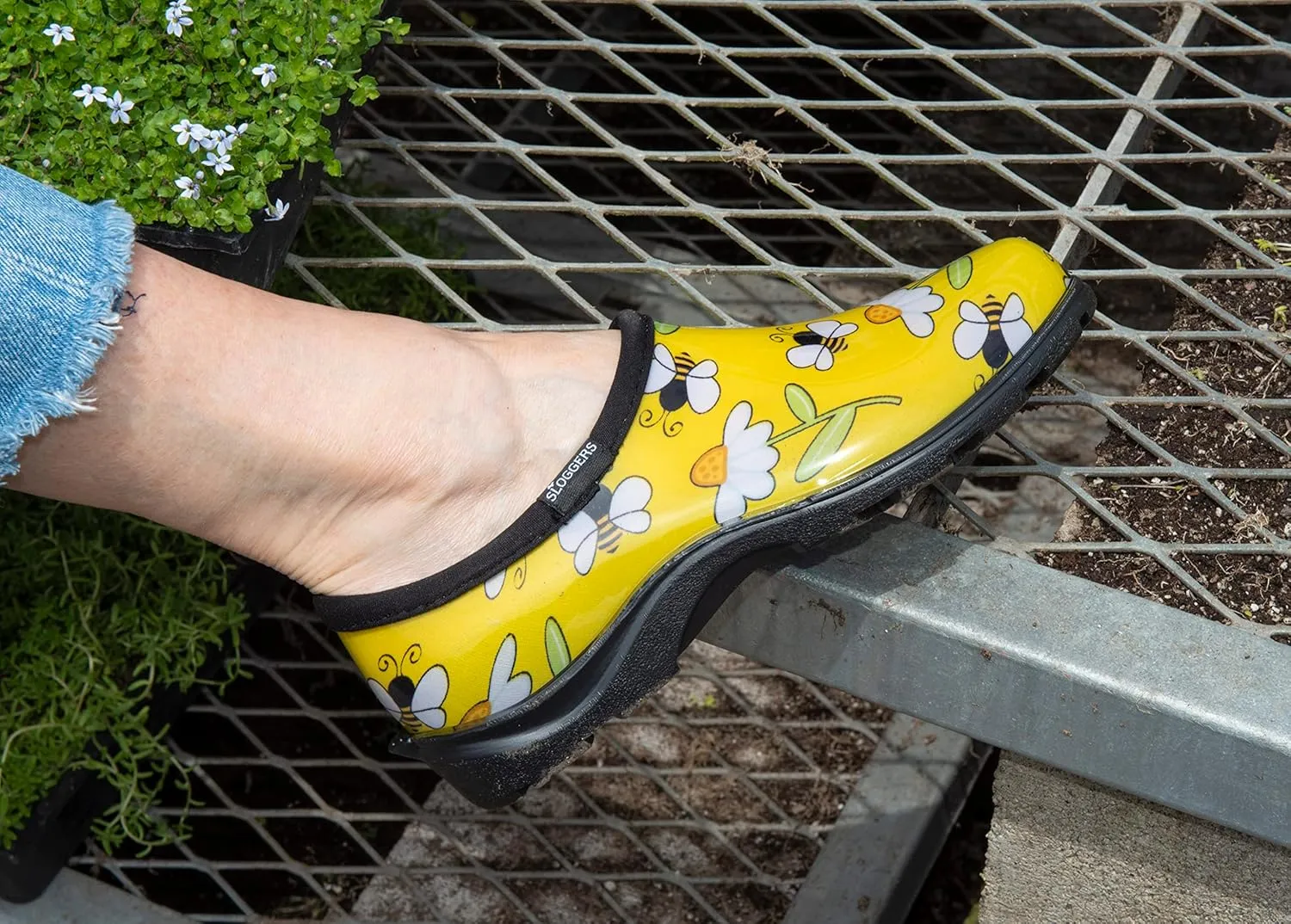 Sloggers Original Waterproof Rain and Garden Shoe for Women– Outdoor Slip-On Garden Clog - Made in The USA with Premium Comfort Insole and Arch Support - Bee Print Yellow, Size 10