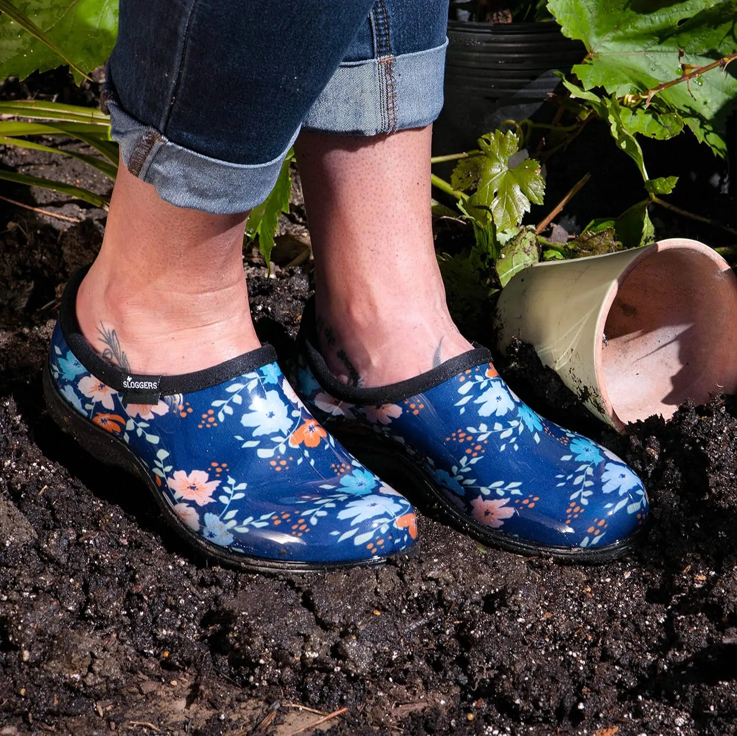 Sloggers Original Waterproof Rain and Garden Shoe for Women– Outdoor Slip-On Garden Clog - Made in The USA with Premium Comfort Insole and Arch Support - Blue Floral Fun Print, Size 10