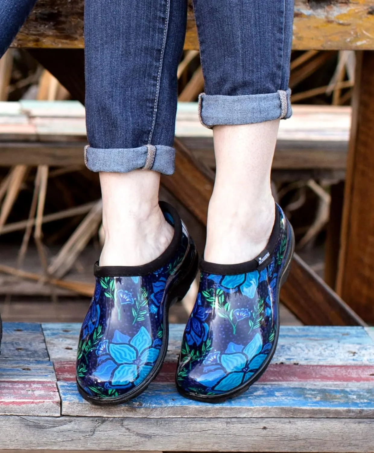 Sloggers Original Waterproof Rain and Garden Shoe for Women– Outdoor Slip-On Garden Clog - Made in The USA with Premium Comfort Insole and Arch Support - Blue Spring Surprise Print, Size 10