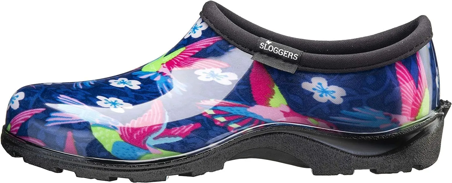 Sloggers Original Waterproof Rain and Garden Shoe for Women– Outdoor Slip-On Garden Clog - Made in The USA with Premium Comfort Insole and Arch Support - Blue/Pink Hummingbird Print, Size 11