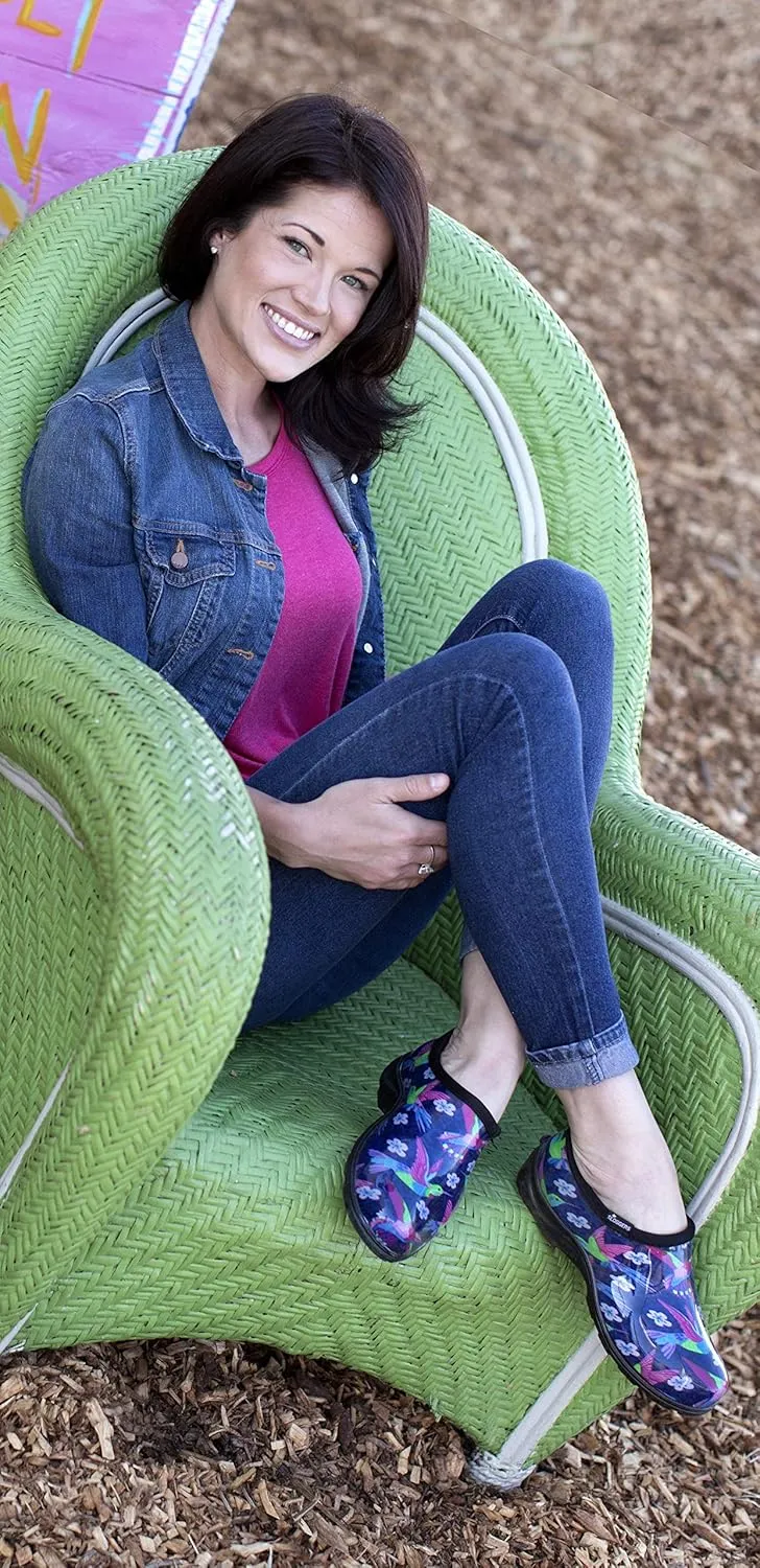 Sloggers Original Waterproof Rain and Garden Shoe for Women– Outdoor Slip-On Garden Clog - Made in The USA with Premium Comfort Insole and Arch Support - Blue/Pink Hummingbird Print, Size 11