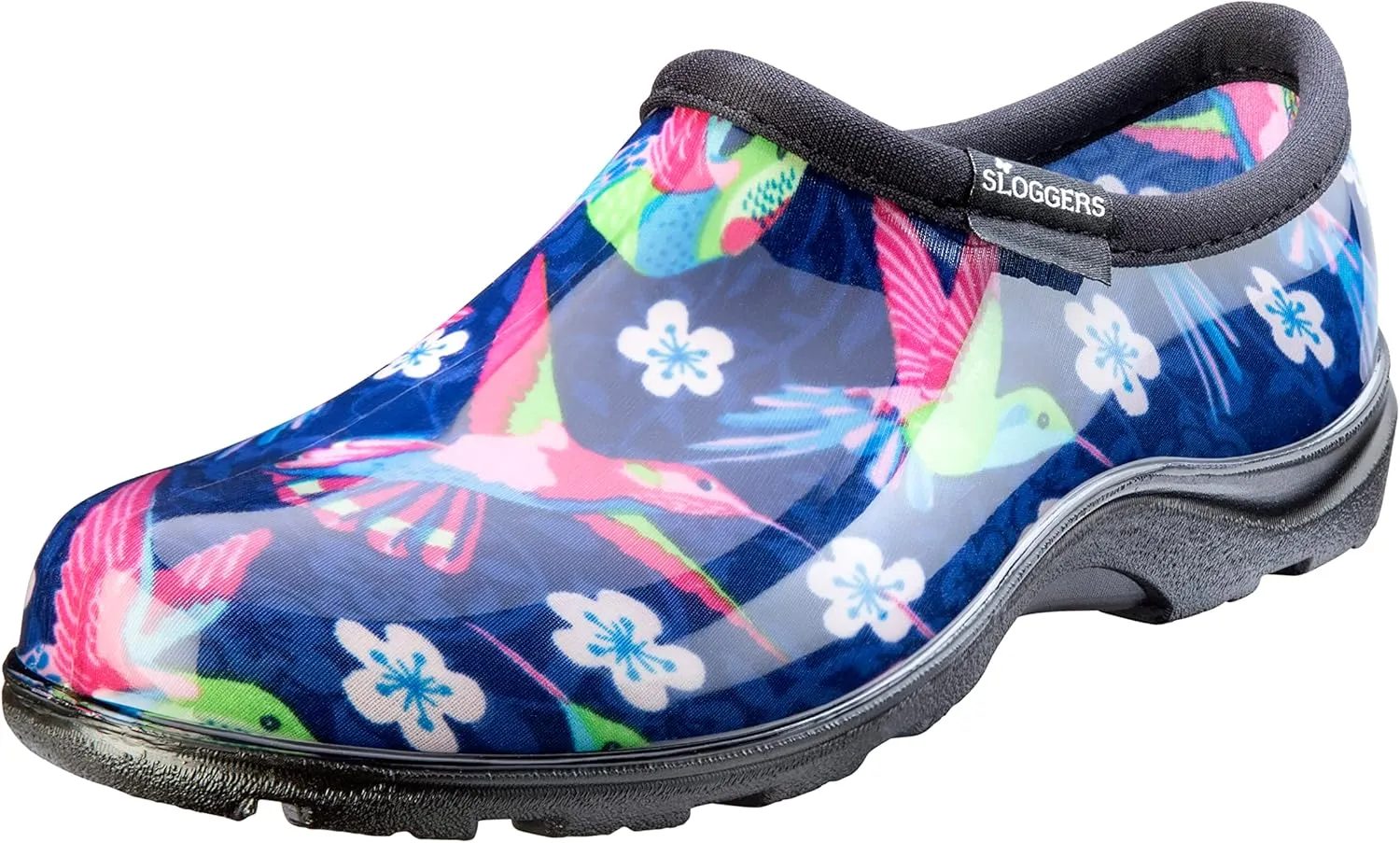Sloggers Original Waterproof Rain and Garden Shoe for Women– Outdoor Slip-On Garden Clog - Made in The USA with Premium Comfort Insole and Arch Support - Blue/Pink Hummingbird Print, Size 11
