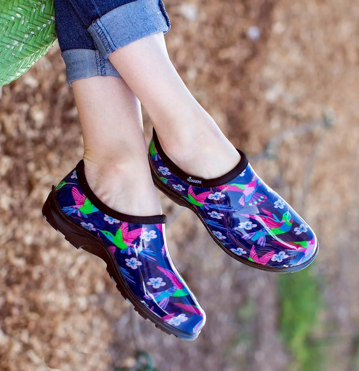 Sloggers Original Waterproof Rain and Garden Shoe for Women– Outdoor Slip-On Garden Clog - Made in The USA with Premium Comfort Insole and Arch Support - Blue/Pink Hummingbird Print, Size 11